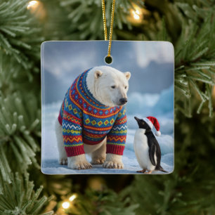 Ornamento De Cerâmica Urso Polar de Natal e Pinguim em uma Geleira