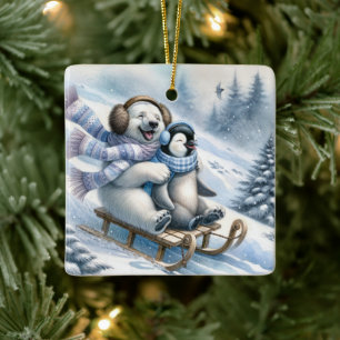 Ornamento De Cerâmica Urso Polar e Pinguim em um Sled