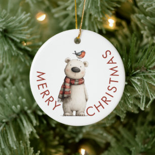 Ornamento De Cerâmica Urso Polar e Robin Feliz Natal