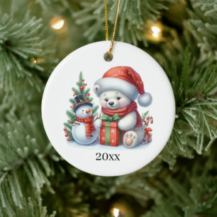 Ornamento De Cerâmica Urso polar fofo adicionar data e mensagem Natal