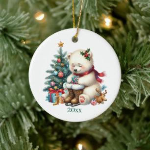 Ornamento De Cerâmica Urso polar fofo adicionar data e mensagem Natal