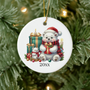 Ornamento De Cerâmica Urso polar fofo adicionar data e mensagem Natal