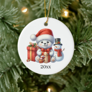 Ornamento De Cerâmica Urso polar fofo adicionar data e mensagem Natal