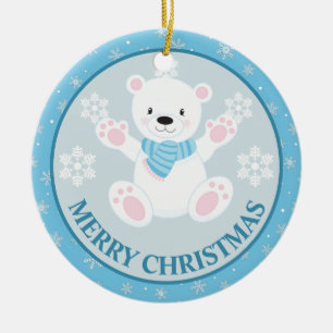 Ornamento De Cerâmica Urso Polar Fofo e Flocos de Neve Azul Natal