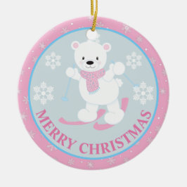 Ornamento De Cerâmica Urso Polar Fofo e Flocos de Neve Natal Rosa