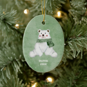 Ornamento De Cerâmica Urso Polar Vestindo o Natal Verde