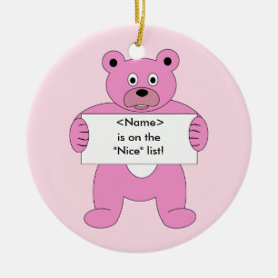 Ornamento De Cerâmica Urso Rosa com Sinal<name>Lista Nice