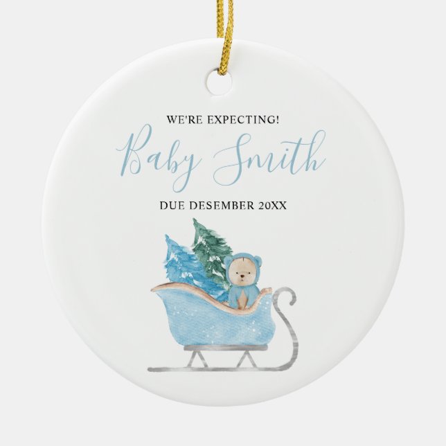 Ornamento De Cerâmica Urso Verde Azul que Esperamos Pais (Frente)