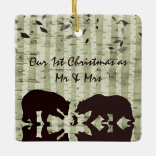 Ornamento De Cerâmica Ursos Rústicos, Árvores Birch 1rua Natal Sr. & Sra