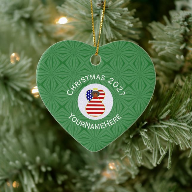 Ornamento De Cerâmica USA Flag Christmas Angel Name Year Heart (Árvore)