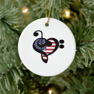 Ornamento De Cerâmica USA Flag Music Heart - Musico do Orgulho Americano