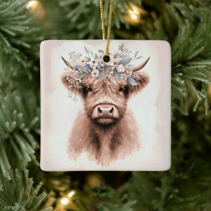 Ornamento De Cerâmica Vaca Boho Highland Com Coroa Floral Bridal