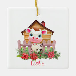 Ornamento De Cerâmica Vaca bonitinha em um nome personalizado de natal d