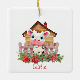 Ornamento De Cerâmica Vaca bonitinha em um nome personalizado de natal d