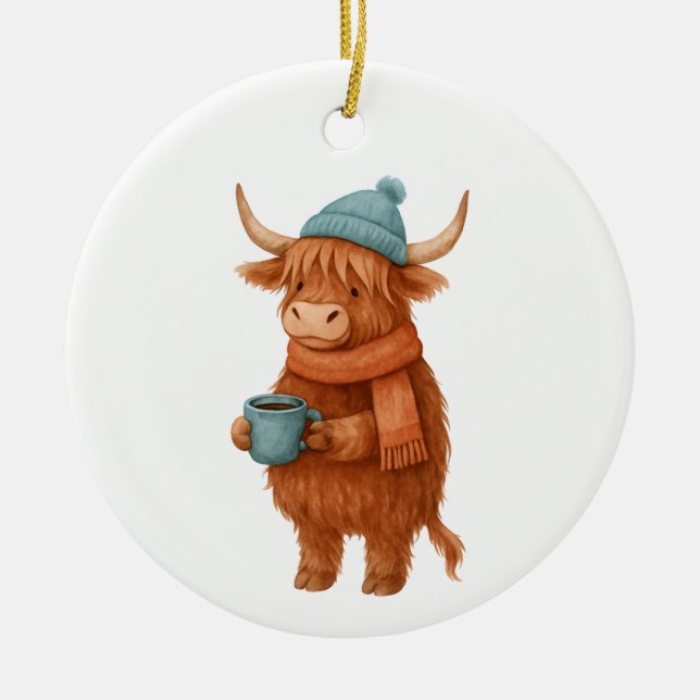 Ornamento De Cerâmica Vaca das Terras Altas Cuecas com Café - Cozy Winte (Frente)