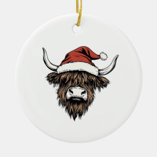 Ornamento De Cerâmica Vaca das Terras Altas do Natal, Papai Noel Lanoso