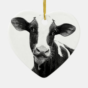 Ornamento De Cerâmica Vaca de leiteria - vitela preto e branco da