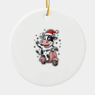 Ornamento De Cerâmica Vaca de Natal Andando de Scooter Rosa Vetor Vintag