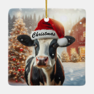 Ornamento De Cerâmica Vaca de Natal usando um chapéu de Papai Noel