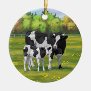 Ornamento De Cerâmica Vaca Holstein e Vitelo Fresco na Pastagem de Verão
