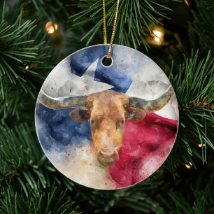 Ornamento De Cerâmica Vaca Longhorn com Texas Flag Map Watercolor
