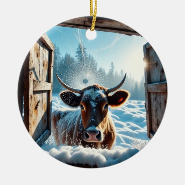 Ornamento De Cerâmica Vaca na Neve (Frente)