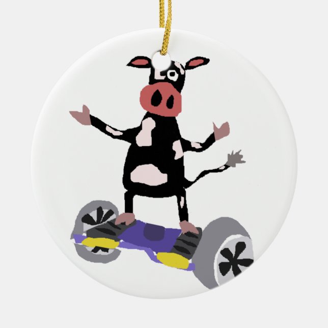 Ornamento De Cerâmica Vaca preto e branco engraçada em Hoverboard (Frente)