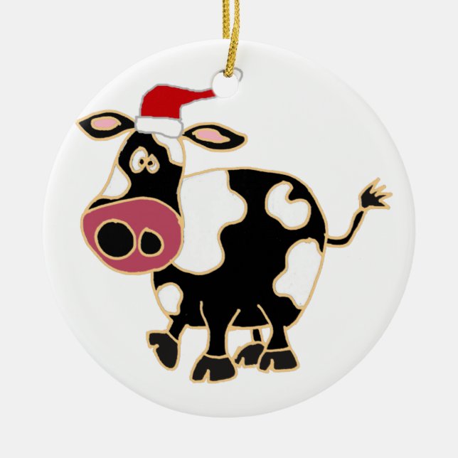 Ornamento De Cerâmica Vaca preto e branco no chapéu do papai noel (Frente)
