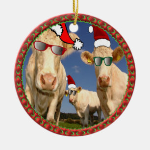 Ornamento De Cerâmica Vacas de Natal com óculos e chapéus de Papai Noel