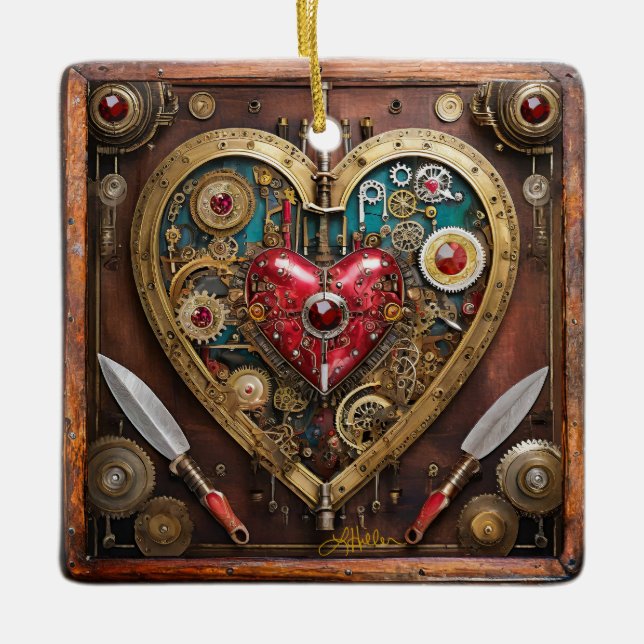 Ornamento De Cerâmica Valentine Guerreiro Steampunk Rubis e Adagas (Frente)