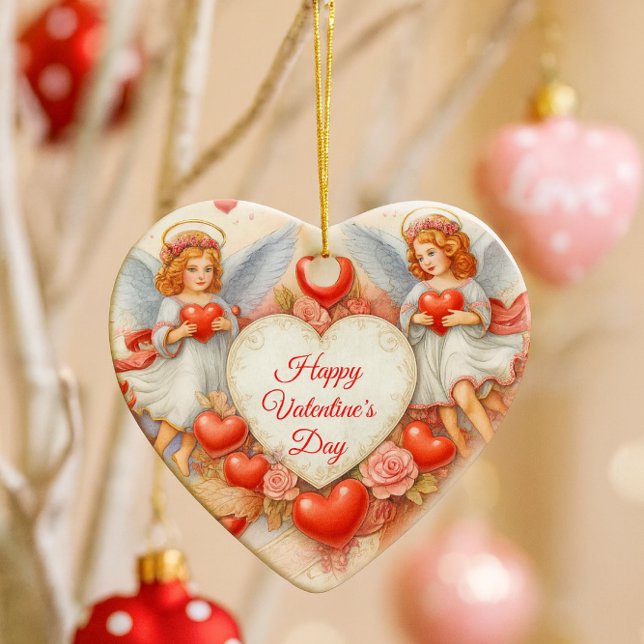 Ornamento De Cerâmica Valentine's Day Love Cherub Angels  (Vintage cherubs and roses adorn this heart ornament, glowing on a dreamy Valentine's Day tree.)