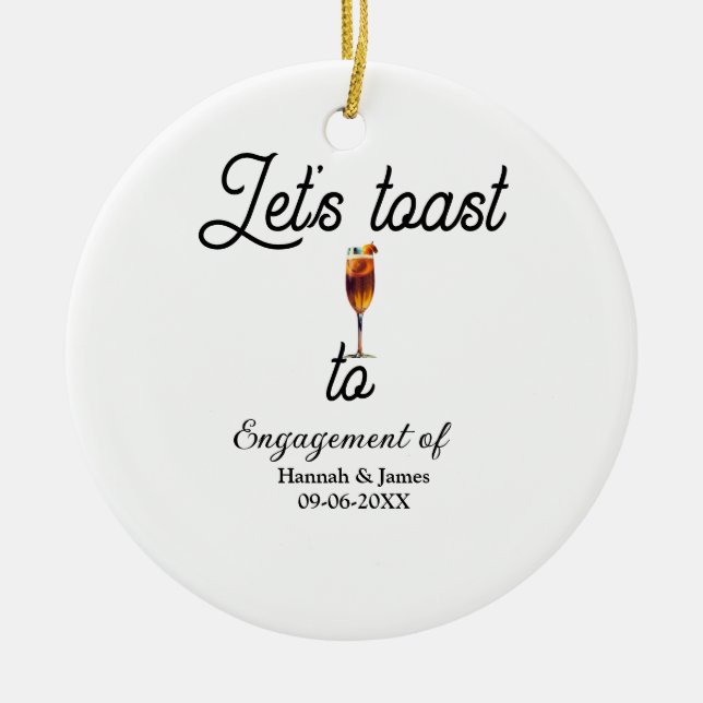 Ornamento De Cerâmica Vamos brindar para nome da festa de noivado data t (Frente)
