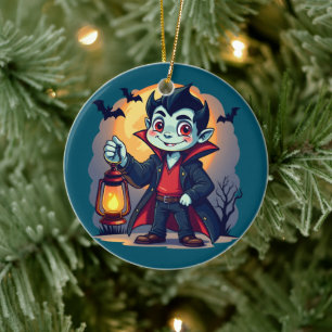 Ornamento De Cerâmica Vampiro Fofo com Lanterna Kawaii Halloween
