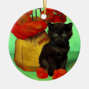 Ornamento De Cerâmica Van Gogh Black Kitten Red Flowers