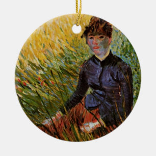 Ornamento De Cerâmica Van Gogh; Mulher Sentada na Grama, Arte Fina Vinta