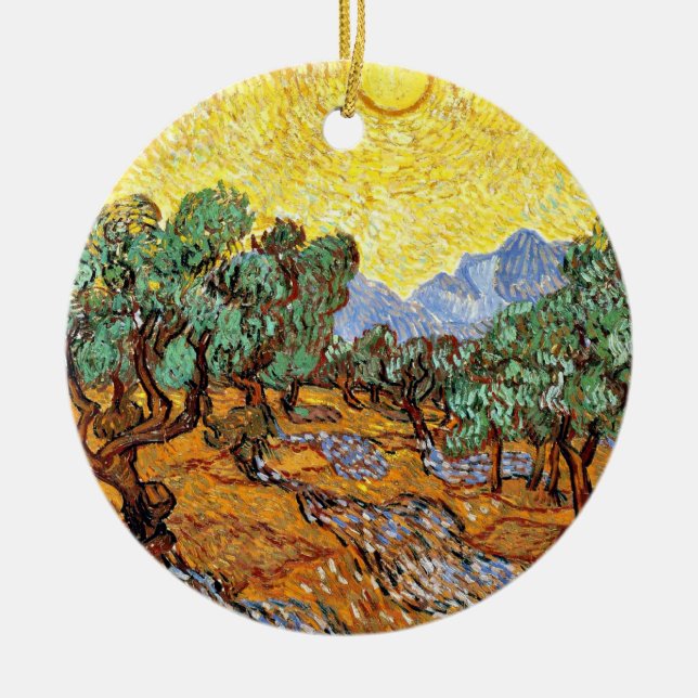 Ornamento De Cerâmica Van Gogh: Oliveiras com Céu Amarelo e Sol (Frente)