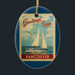 Ornamento De Cerâmica Vancouver Ornament Sailboat Vintage B.C. Canadá<br><div class="desc">Esta saudação de Vancouver B.C. Canadá,  viagens vintage náutica design,  apresenta um barco navegando na água com gaivotas e um céu azul cheio de lindas nuvens brancas puffy.</div>