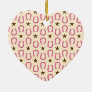 Ornamento De Cerâmica Vaqueira Pink Ferradura Estrela Xerife País Texas