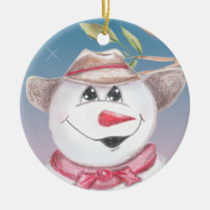 Ornamento De Cerâmica Vaqueiro Snowman em Red Scarf Ornament Ilustrado