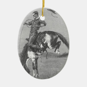 Ornamento De Cerâmica Vaqueiros de Rodeio Antigos, Cavalo Bronco Selvage