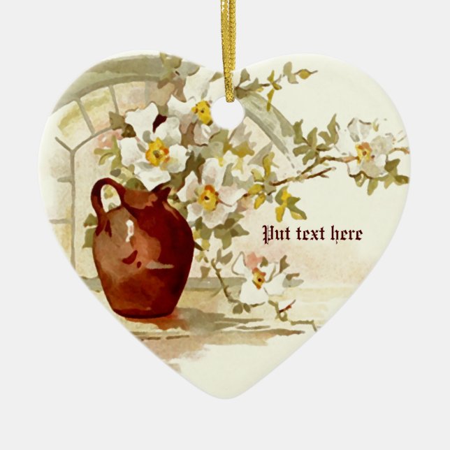 Ornamento De Cerâmica Vase com rosas brancas enfileiramento por aquarela (Frente)