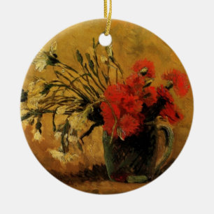 Ornamento De Cerâmica vaso com cravos vermelhos e brancos, boas festas