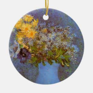 Ornamento De Cerâmica Vaso com Lilases e Margaridas por Vincent van Gogh