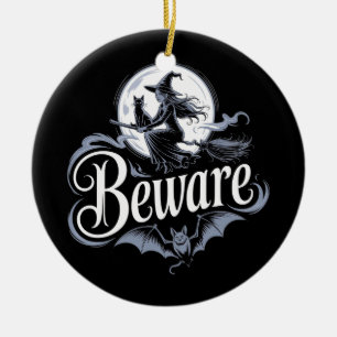 Ornamento De Cerâmica Vassoura de Bruxa de Halloween Gato Preto Lua Gráf