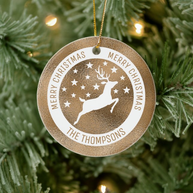 Ornamento De Cerâmica Veado Branco - Folha Ouro Faux (Não Folha Real) (Árvore)