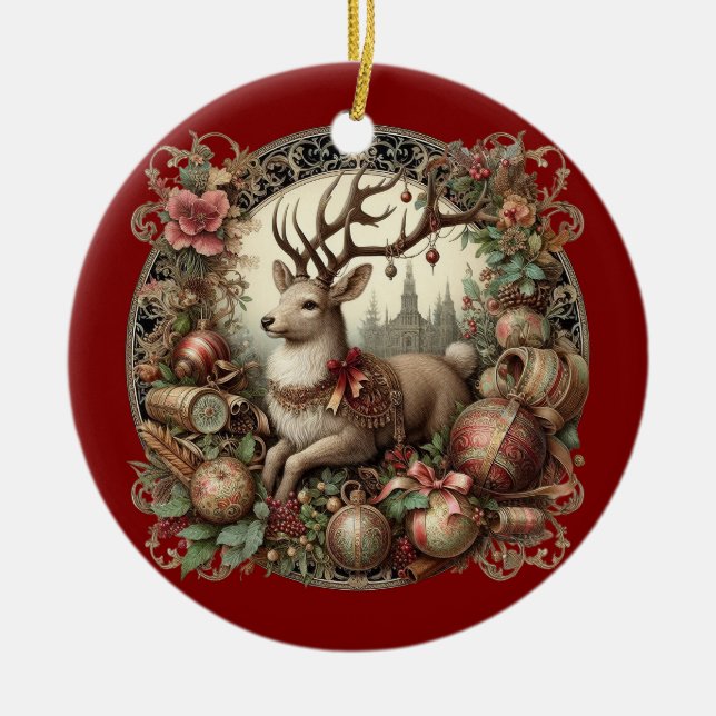 Ornamento De Cerâmica Veado com decoração (Frente)