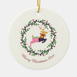 Ornamento De Cerâmica Veado de Natal Alegre com Coroa Personalizada
