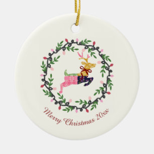 Ornamento De Cerâmica Veado de Natal Alegre com Coroa Personalizada