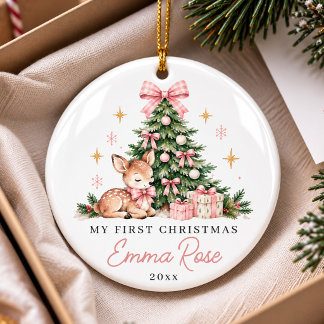 Ornamento De Cerâmica Veado de Natal com Laço Rosa Primeiro Natal