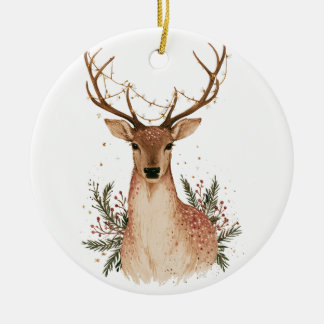 Ornamento De Cerâmica Veado de Natal com Luzes de Corda e Folhagens